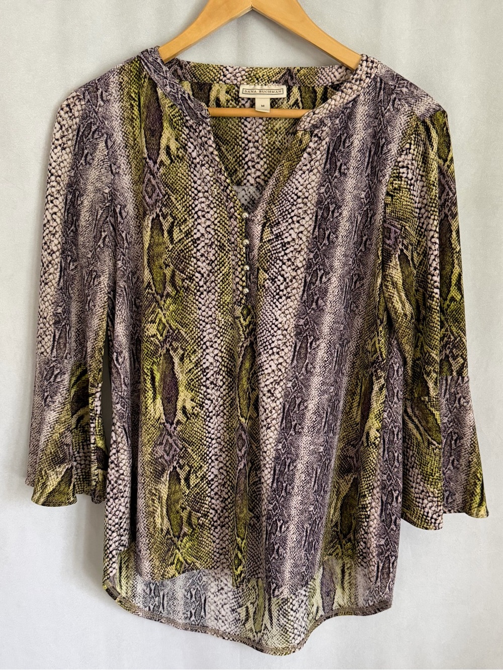 Dana Buchman Blouse Womens M Purple Green Snake Bell Sleeve Stretch Tunic Top